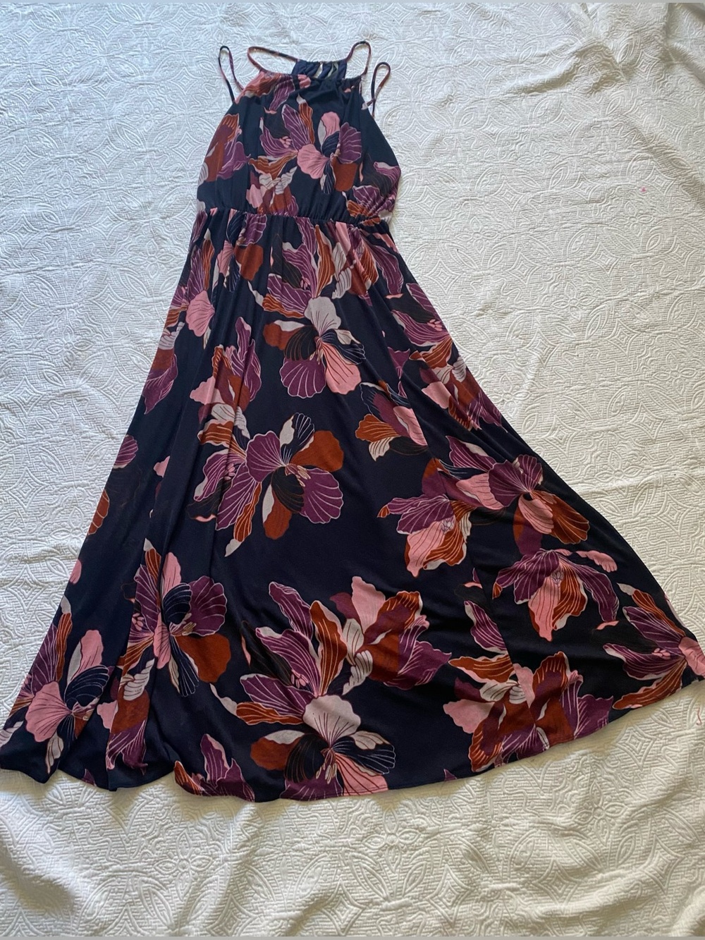 Anthropologie Navy Maxi Skirted Halter Dress with Pink & Brown Floral